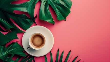 cup of coffee and tropical leaves