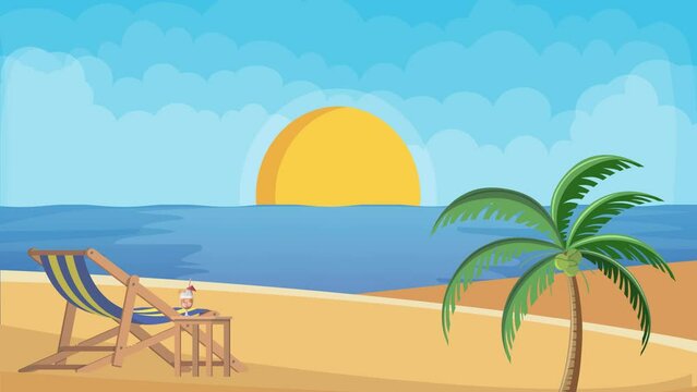 Animated Illustration of Summer Background with Beach Landscape and Cozy Chair on Sea Sand with Tree Palm and Sunny Sky cartoon animation 