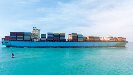 Side view Cargo Container ship in the ocean ship carrying container and running for import export...