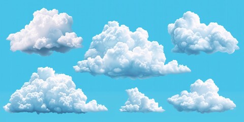3-dimensional clouds. White whimsical puffy clouds in spherical form against a blue summer sky, representing a realistic weather forecast. 