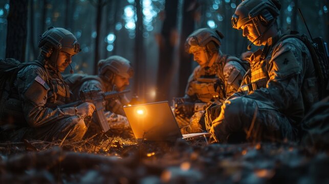 military special operation or soldiers in the forest at night reviewing a plan of action on a laptop