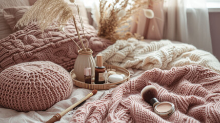 Fototapeta na wymiar a close up of a bed with a knitted blanket and a cup of coffee on the side of the bed.