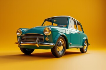 Cyan Toy Compact Car, on an Isolated Yellow Background, Generative AI