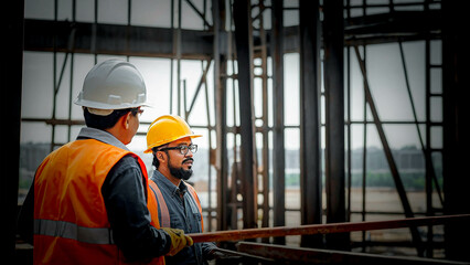 Naklejka na ściany i meble Construction Steel has engineers supervise the construction of office buildings.generative ai