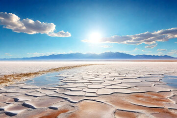 Scenery view of wild nature salt flat with mountains, scenic backgrounds. Panoramic landscape photo of Bolivia natural salt desert wilderness, no people. Bolivian landmarks concept. Copy ad text space