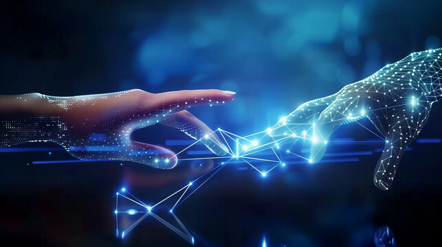 Abstract background of hands touching digital transformation virtual screen. Technology connection Dots and lines for futuristic cyber technology and network connection