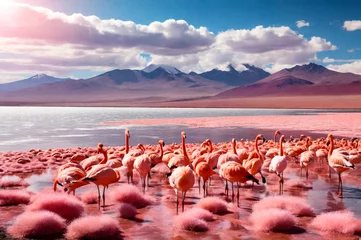 Schilderijen op glas Scenery view of Laguna Colorada lake with pink chilean flamingos at Andes mountains background. Landscape photo of Bolivia in natural wilderness. Bolivian nature landmarks concept. Copy ad text space © Alex Vog