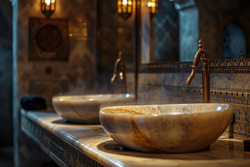 The steamy ambiance of a Turkish hammam, emphasizing the marble basins, faucets, and the interplay of light and shadow.