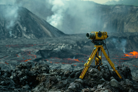 View of high-tech seismometer and thermal imaging equipment against the backdrop of a smoldering volcanic crater