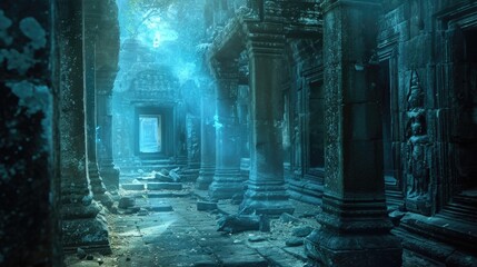 The blurry hologram of a crumbling temple springs to life allowing archaeologists to virtually step inside and explore its hidden chambers. - obrazy, fototapety, plakaty