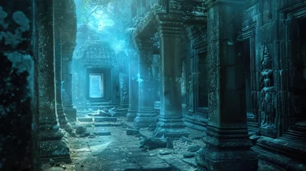 Foto op Canvas The blurry hologram of a crumbling temple springs to life allowing archaeologists to virtually step inside and explore its hidden chambers. © Justlight