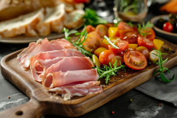 A single serving of ham, paired with fresh, vibrant vegetables and crusty bread, arranged artfully on a wooden serving platter, emphasizing the textur