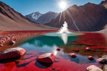 Landscape photo of Laguna Colorada red lake with rocks and geysers at Andes mountains. Scenery view of Bolivia in natural wilderness. Bolivian nature landmarks concept. Copy ad text space, backgrounds