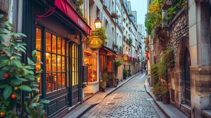 Fototapeta na wymiar Quaint neighborhood in district in Paris France showcasing Parisian structures and attractions.