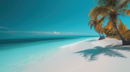  a palm tree casts a shadow on the white sand of a tropical beach with blue water and blue sky in the background.
