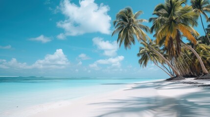  a tropical beach with palm trees in the foreground and a blue sky with clouds in the backgroud.
