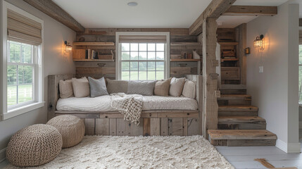 A rustic loft bed made from reclaimed wood beams complete with a builtin reading nook and storage shelves.