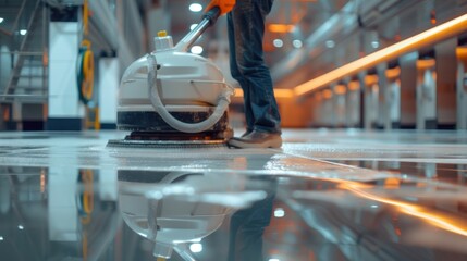 Worker polishing hard floor with high speed polishing machine
