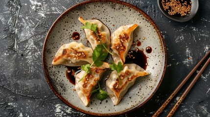 Traditional japanese Fried asian dumplings Gyozas potstickers on a white ceramic plate are served with a bowl of soy onion sauce over a white marble table. Close up. Asian dinner, top view - obrazy, fototapety, plakaty