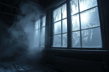 A dimly lit room with frosted windows and visible breath in the air, creating a chilling atmosphere. Dark and foreboding style. - obrazy, fototapety, plakaty
