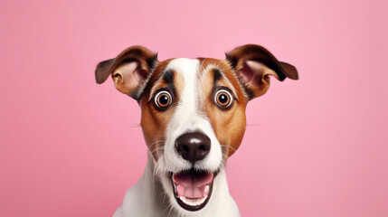 Portrait of shocked dog, unexpected gift surprise. - obrazy, fototapety, plakaty