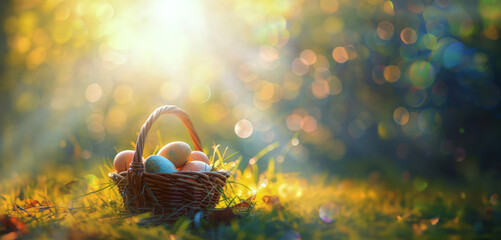 easter eggs in a basket in the spring sunlight with green grass - obrazy, fototapety, plakaty