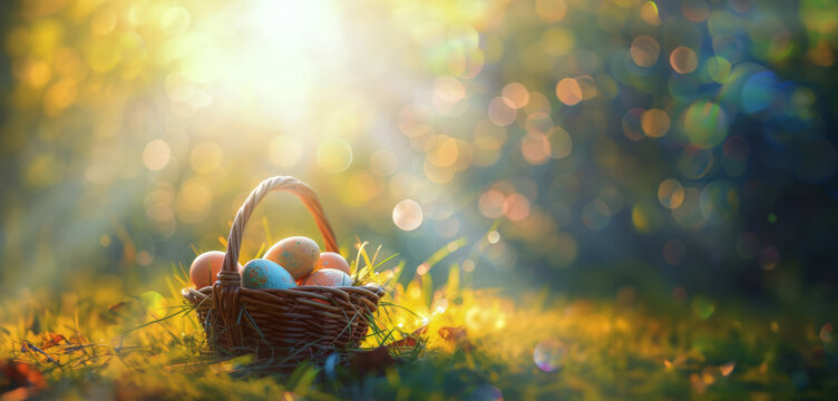 easter eggs in a basket in the spring sunlight with green grass
