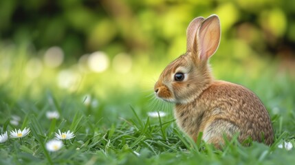 Fototapeta premium a small rabbit sitting in the grass with daisies in the foreground and blurry trees in the background.