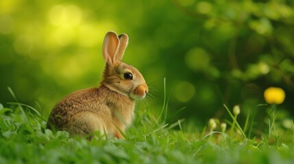  a rabbit is sitting in the grass and looking at the camera with a blurry background of trees and grass.