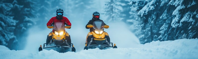 Fototapeta na wymiar People snowmobiling 