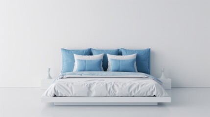  a bed with blue and white pillows and a white headboard with two white vases on each side of the bed.