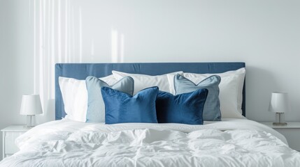  a white bed with blue and white pillows and a blue headboard with two lamps on either side of the bed.