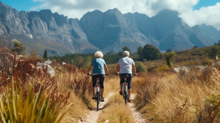 As they pedal through a pristine nature reserve an older couple on electric bikes bask in the fresh air and stunning views fully embracing a sustainable and environmentally