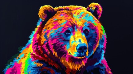  a painting of a bear with multicolored lines on it's face and chest, on a black background.