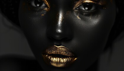 A woman with gold makeup showcases a style of dark tonality and black and white realism.