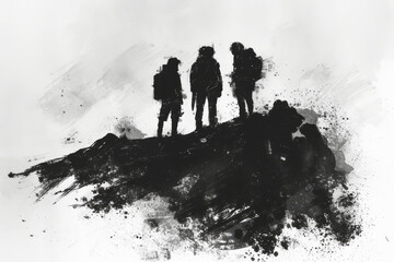 A black and white sketch is presented of a group at the top of a mountain, featuring corporate punk, realistic chiaroscuro, minimalistic sophistication, and mid-century style.