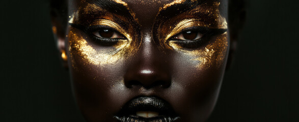 A woman with makeup, black and white realism with dark tonality, luminous shadows, and hues of dark brown and black.