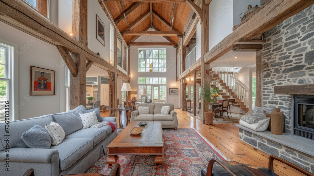 Wall mural Discover the beauty of repurposed architecture in this thoughtfully restored barn conversion featuring original wooden beams and stone accents.