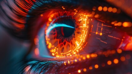 Close-up of a human eye with a futuristic cybernetic implant. Illuminated with digital overlays and...