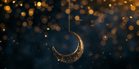 A crescent hanging on a string against a black background, representing a festive atmosphere, bokeh, whimsical and playful scenes, and surrealistic installations in dark sky-blue and gold. - obrazy, fototapety, plakaty