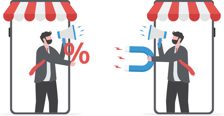 Two businessmen offer via Online store sales promotion concept discounted sales prices, decreases, shopping, customer increases.

