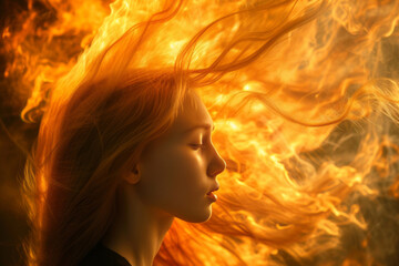 Fototapeta na wymiar A girl with flames in her hair, featuring hyper-realistic atmospheres, fine art photography, and surrealist-inspired elements in light orange and light amber.