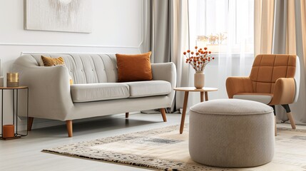 Vintage beige armchair and ottoman on the comfortable rug in modern living room with gray couch and antique furnishings.