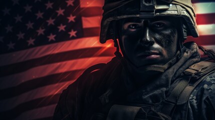 American Soldier's Resolve: Portrait with Flag - Intense Military Stock Image