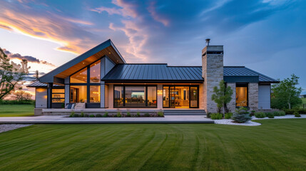 Fototapeta premium Prepare to be captivated by this modern agrarian masterpiece featuring a sleek exterior and an openconcept design that seamlessly integrates the indoors with the surrounding