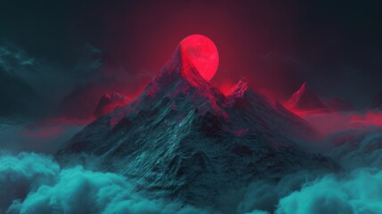 A mountain that glows in the night, featuring aggressive digital illustration, geometric balance, simplistic characters, and colors of dark red and light cyan.