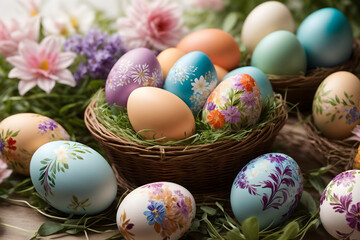 Fototapeta na wymiar Colorful Easter eggs in a basket with an isolated background