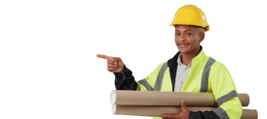 Man, portrait and construction worker or pointing with blueprint for building recommendation, information or architect. Male person, engineer and isolated transparent png background, plans or project