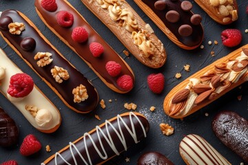 Flat Lay of Eclairs Dark Background