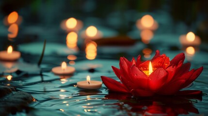 A red lotus flower floating in water with candles, appearing light-filled in dark orange and dark...